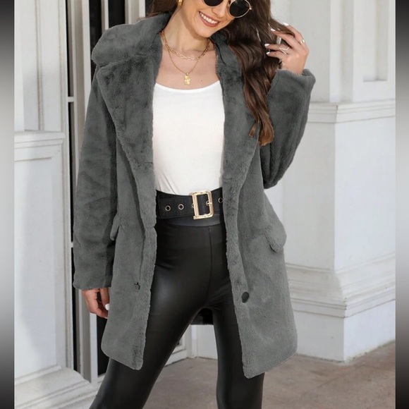 Luxe Faux Fur Single Breast Button Jacket Coat Gray - Picture 2 of 4